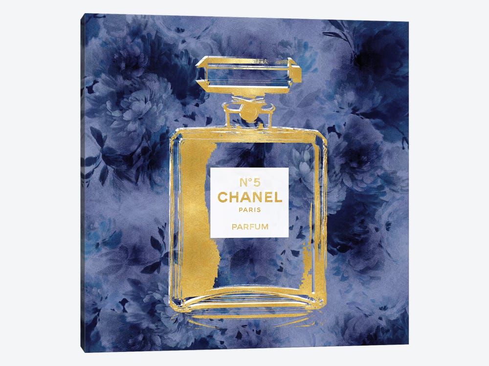 Gold Perfume on Blue Flowers - Madeline Blake Canvas Wall Art Print ( Fashion > Hair & Beauty > Perfume Bottles art) - 12x12 in