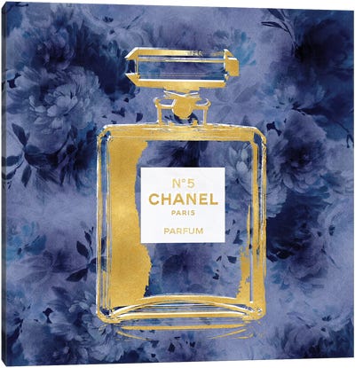 Gold Perfume On Blue Flowers Canvas Art Print - Perfume Bottles