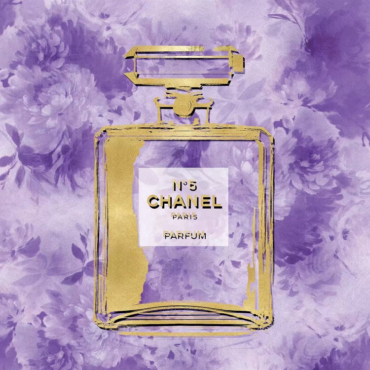 Framed Canvas Art (White Floating Frame) - Gold Perfume on Purple Flowers by Madeline Blake ( Fashion > Hair & Beauty > Perfume Bottles art) - 18x18