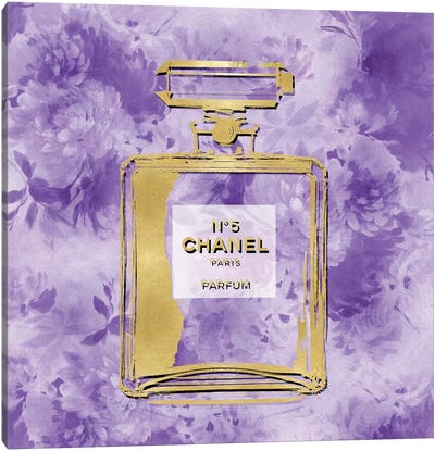 Gold Perfume On Purple Flowers Canvas Art Print - Perfume Bottle Art