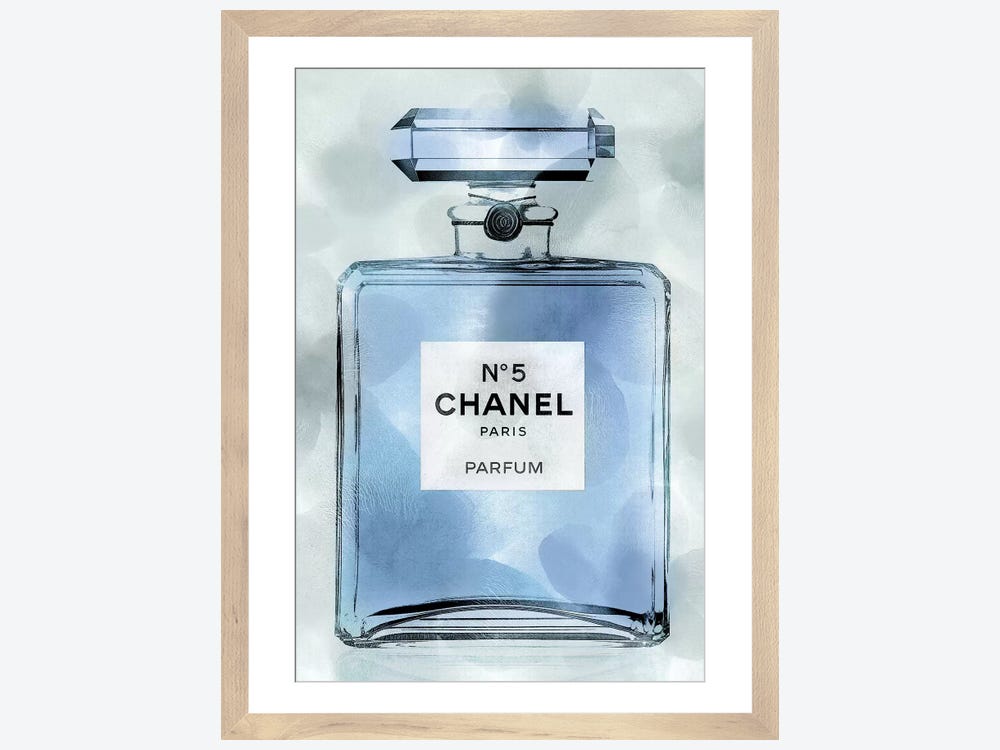 Framed Canvas Art (Gold Floating Frame) - Blue Perfume Bottle by Madeline Blake ( Fashion > Hair & Beauty > Perfume Bottles art) - 26x18 in
