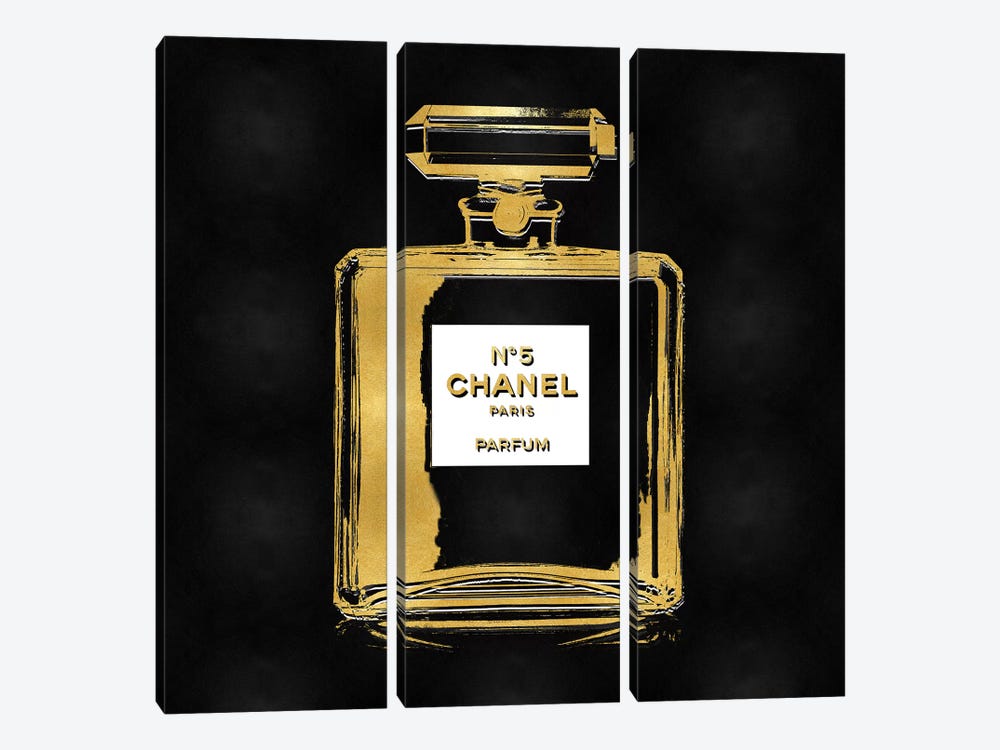 Tryptich Large Canvas Art Print - Gold Perfume on Black ( Fashion > Hair & Beauty > Perfume Bottles art) - 60x60 in