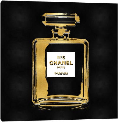 Gold Perfume on Black Canvas Art Print - Chanel Art