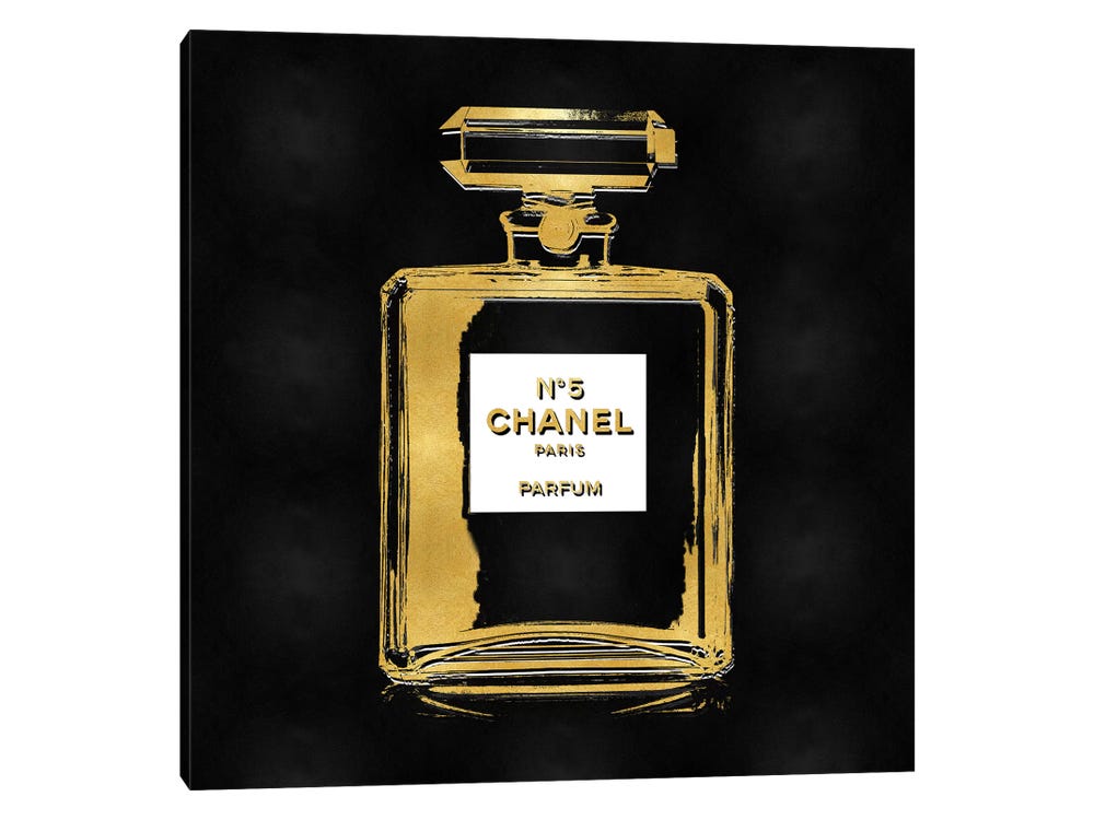 Framed Canvas Art - Gold Perfume on Black by Madeline Blake ( Fashion > Hair & Beauty > Perfume Bottles art) - 26x26 in