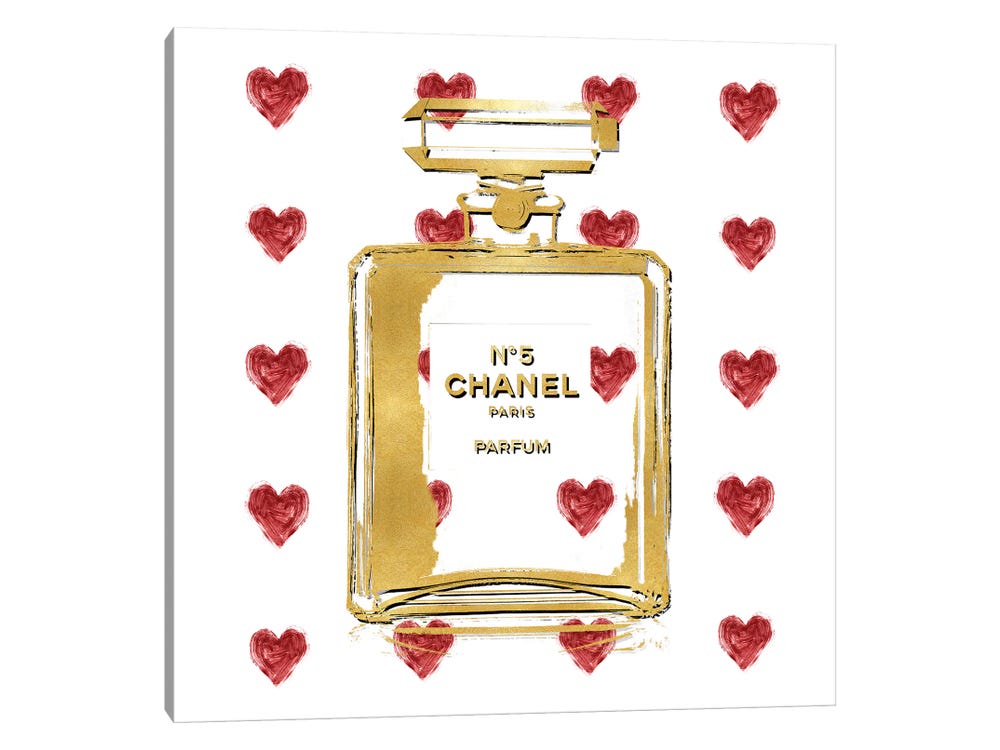 Tryptich Large Canvas Art Print - Perfume with Red Hearts ( Fashion > Hair & Beauty > Perfume Bottles art) - 60x60 in