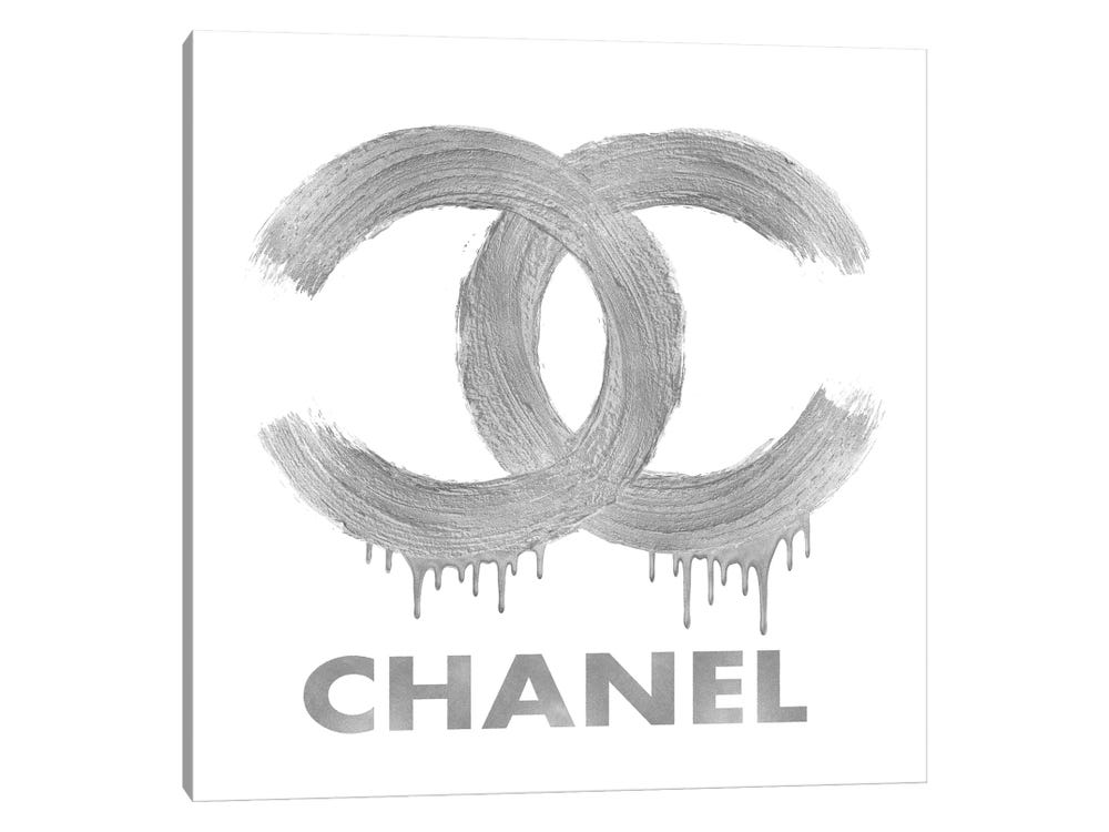 Tryptich Large Canvas Art Print - Fashion Logo - Silver on White ( Fashion > Fashion Brands > Chanel art) - 60x60 in
