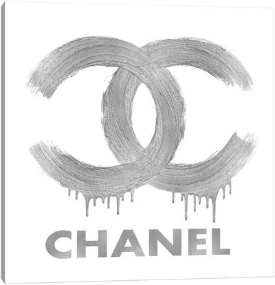 Fashion Logo - Silver On White Canvas Art Print - Chanel Art