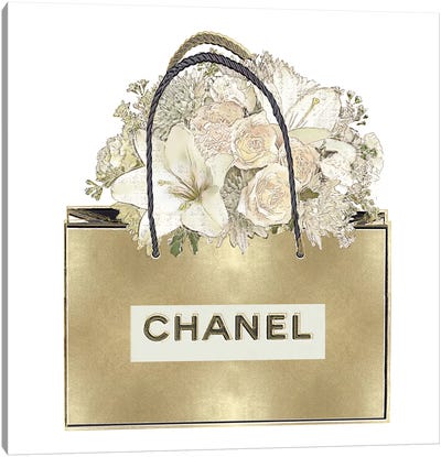 Gold Bag With Floral Bouquet Canvas Art Print - Gold & White Art