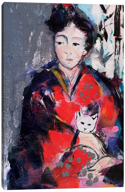 Geisha And Cat I Canvas Art Print - Japanese Culture