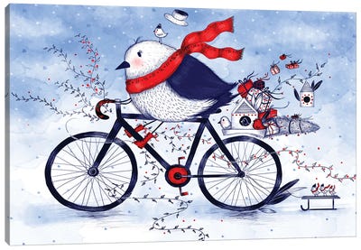 Christmas Bird On A Bike Canvas Art Print - Christmas Animal Art