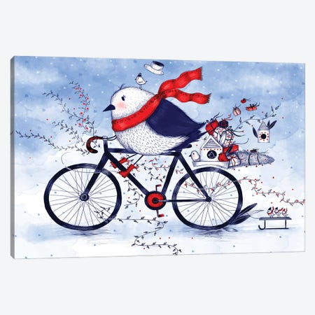 Christmas Bird On A Bike Canvas Print #MDT10} by Madalina Tantareanu Canvas Artwork