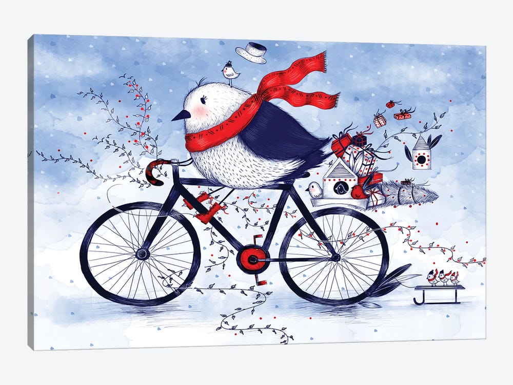 Christmas Bird On A Bike by Madalina Tantareanu 1-piece Canvas Artwork