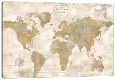 Rustic World Map Cream No Words Canvas Art Print - Marie-Elaine Cusson