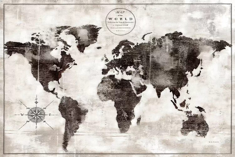 Rustic World Map Black and White by Marie Elaine Cusson wall art