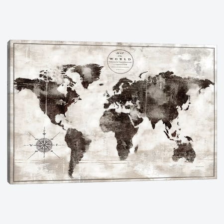 Rustic World Map Black and White Canvas Print #MEC85} by Marie Elaine Cusson Canvas Artwork
