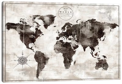 Rustic World Map Black and White Canvas Art Print - Vintage Maps