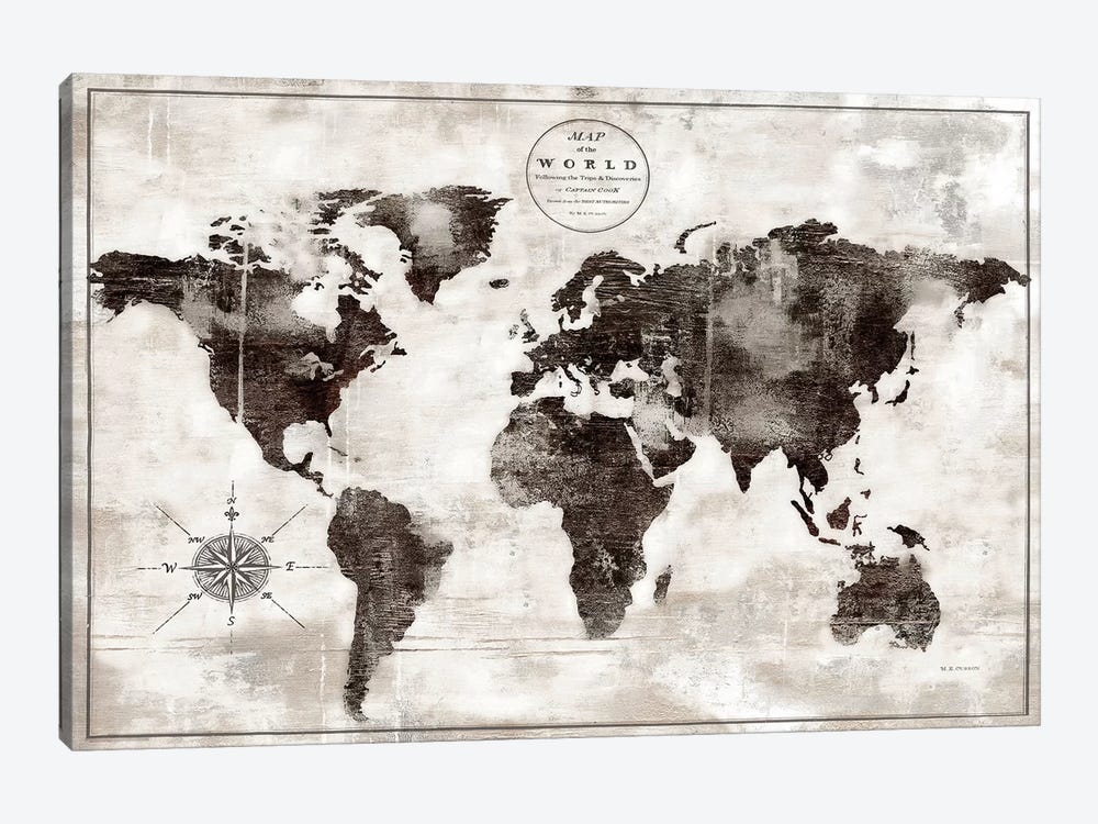 Rustic World Map Black and White by Marie Elaine Cusson 1-piece Canvas Art
