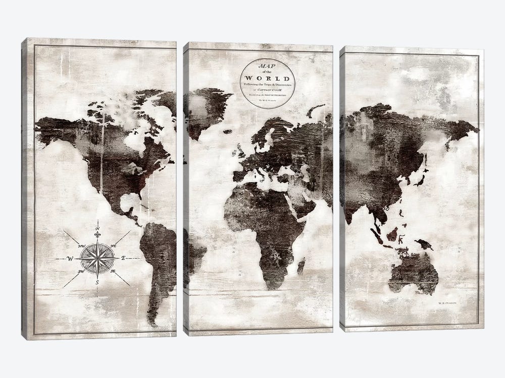 Rustic World Map Black and White by Marie Elaine Cusson 3-piece Canvas Artwork