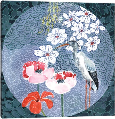 Floral Stork Canvas Art Print - Charming Blue