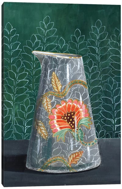 Floral Vase On Green Canvas Art Print - Miri Eshet