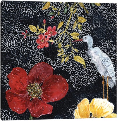 Heron With Red Flower Canvas Art Print - Granny Chic
