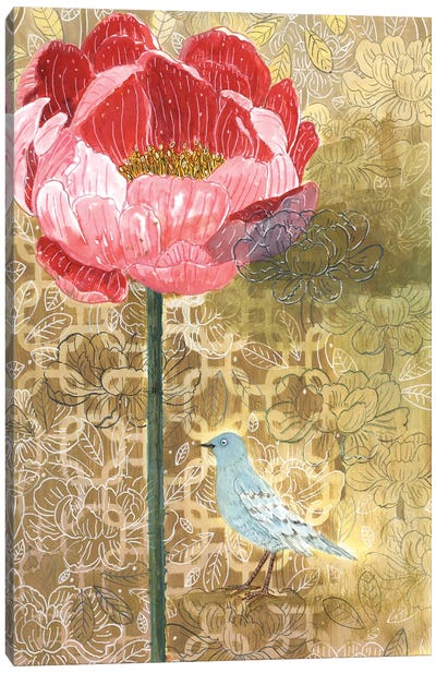 Little Bird With Pink Flower Canvas Art Print - Miri Eshet