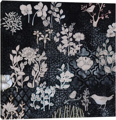 Pale Gray Botanical On Black Canvas Art Print - Chinese Décor