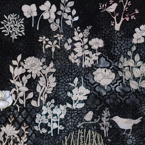 Miri Eshet: Pale Gray Botanical On Black by Miri Eshet