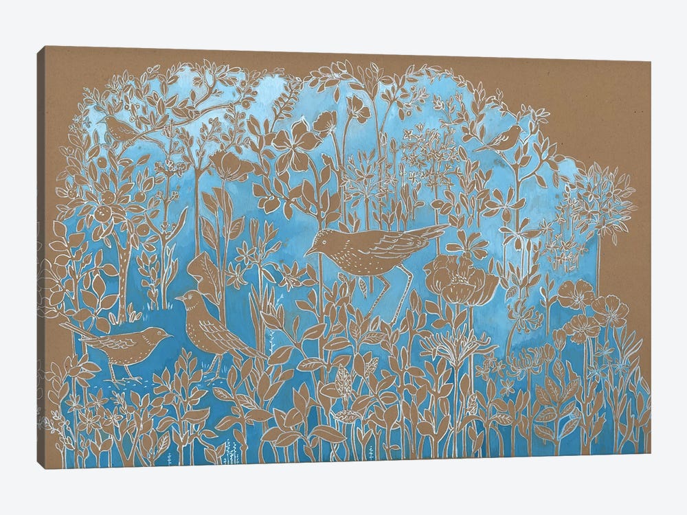 Blue Botanical On Craft Brown by Miri Eshet 1-piece Canvas Art