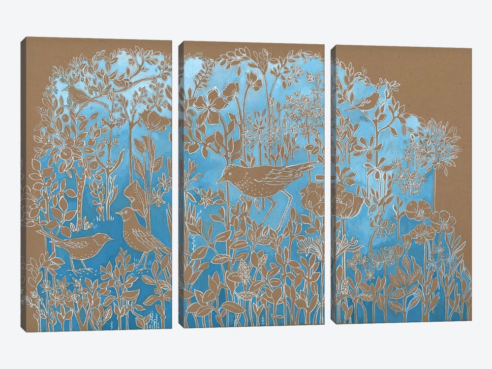 Blue Botanical On Craft Brown by Miri Eshet 3-piece Canvas Wall Art