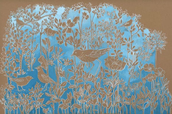 Miri Eshet: Blue Botanical On Craft Brown by Miri Eshet