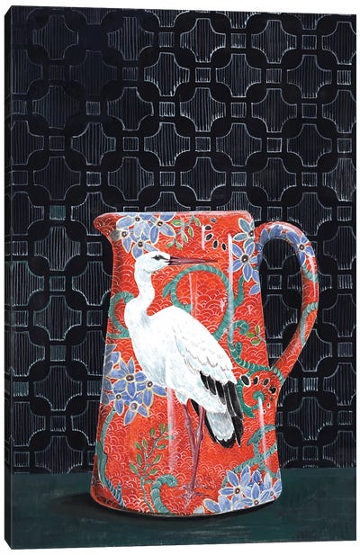 Red Pitcher With Stork Canvas Art Print - Heron Art