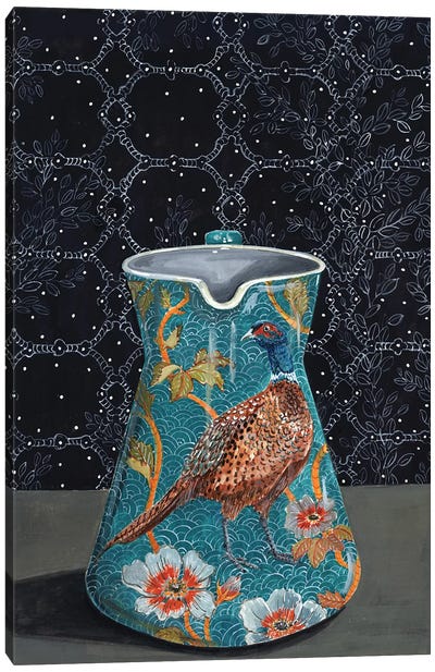 Turquoise Pitcher With Pheasant Canvas Art Print - Miri Eshet
