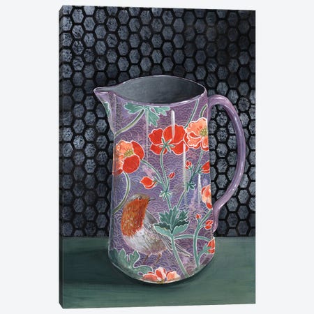 Violet Vase With Robin Canvas Print #MET35} by Miri Eshet Canvas Artwork