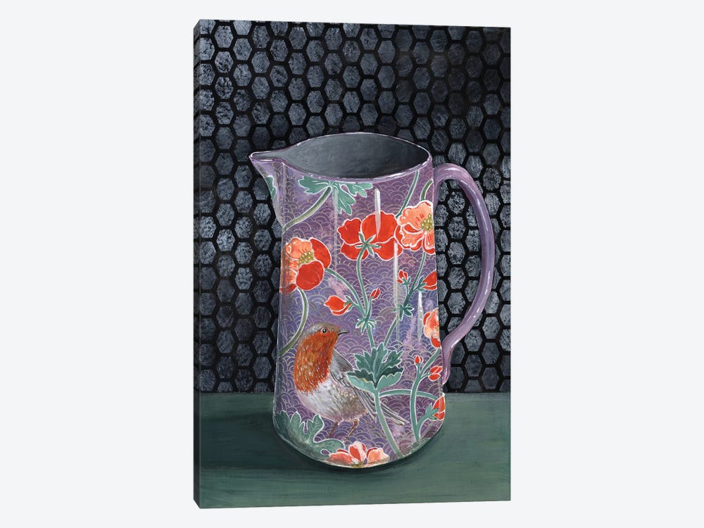 Violet Vase With Robin by Miri Eshet 1-piece Art Print