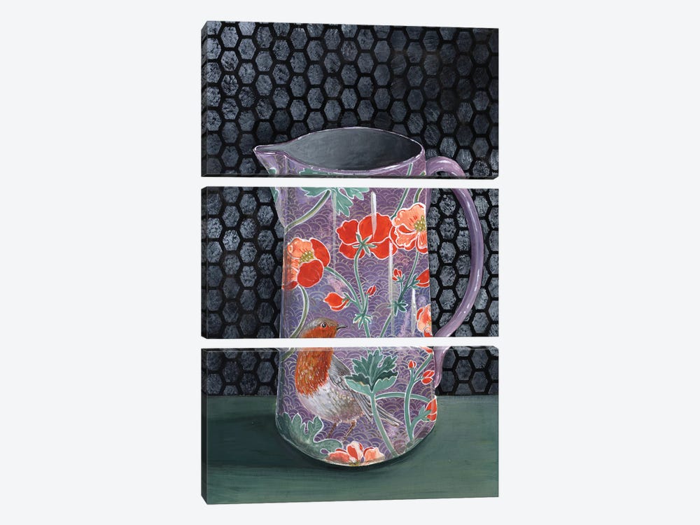 Violet Vase With Robin by Miri Eshet 3-piece Canvas Print