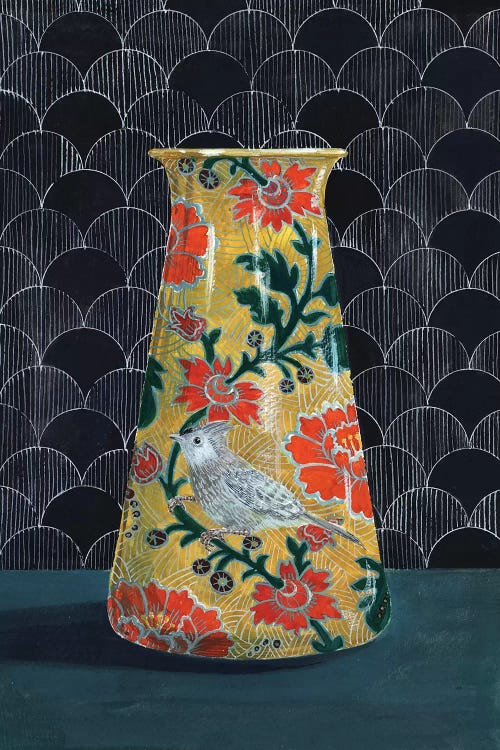 Yellow Vase With Titmouse Bird