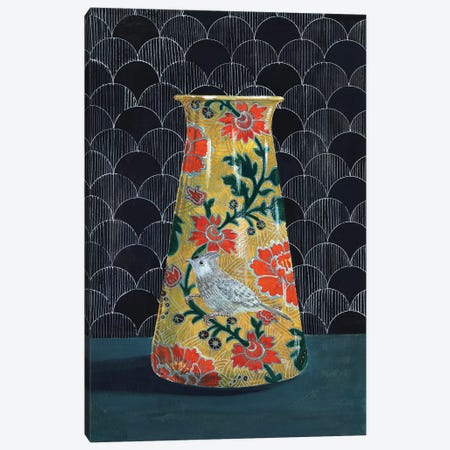 Yellow Vase With Titmouse Bird Canvas Print #MET37} by Miri Eshet Canvas Artwork