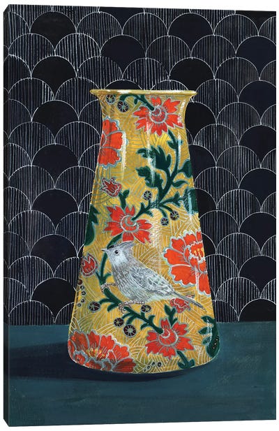 Yellow Vase With Titmouse Bird Canvas Art Print - Miri Eshet