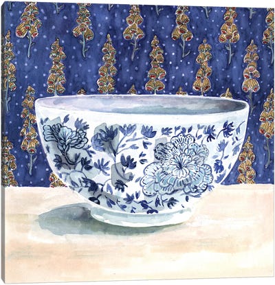 Blue China With Floral Wallpaper Canvas Art Print - French Country Décor