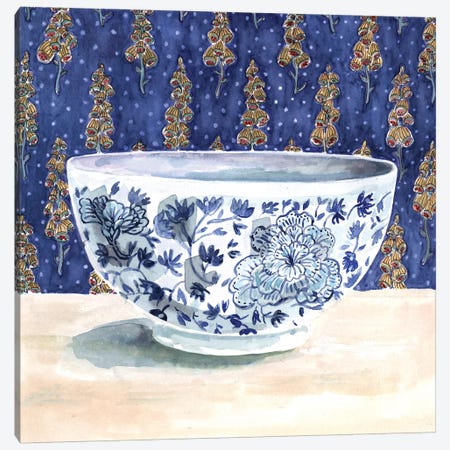 Blue China With Floral Wallpaper Canvas Print #MET5} by Miri Eshet Canvas Art Print
