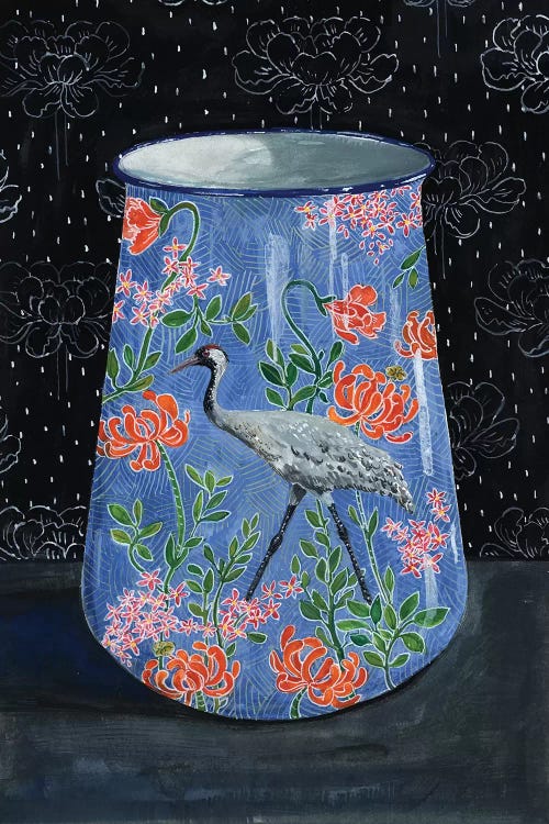 Blue Vase With Gray Crane