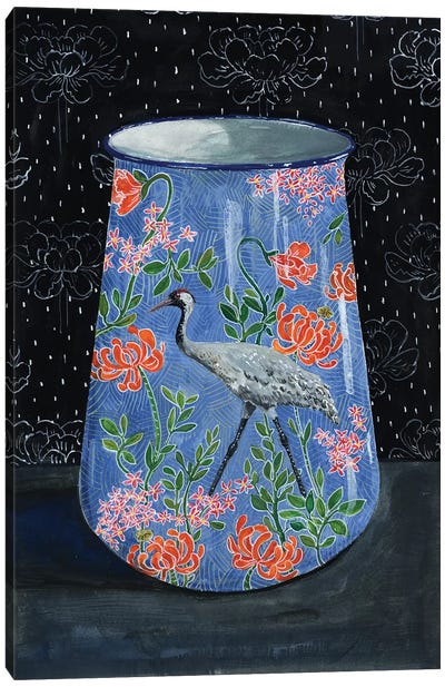 Blue Vase With Gray Crane Canvas Art Print - Miri Eshet