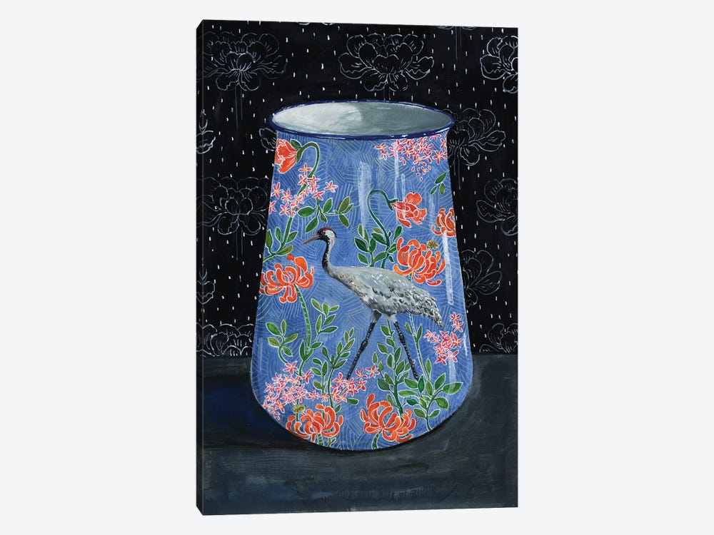 Blue Vase With Gray Crane by Miri Eshet 1-piece Canvas Wall Art