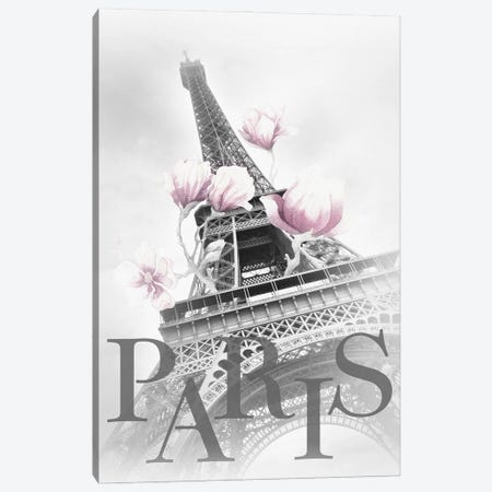 Paris Magnolia Eiffel Tower - Black And White - Pink Canvas Print #MEV1010} by Melanie Viola Canvas Wall Art