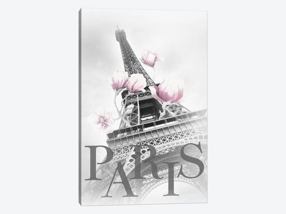 Paris Magnolia Eiffel Tower - Black And White - Pink by Melanie Viola 1-piece Canvas Art Print