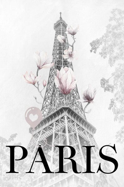 Magnolias: Magnolia Eiffel Tower - Black And White - Pink by Melanie Viola