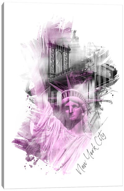 NYC Art Manhattan Bridge And Statue Of Liberty Canvas Art Print - Brooklyn Bridge