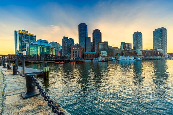 Harbors: Boston Fan Pier Park And Skyline In The Evening by Melanie Viola