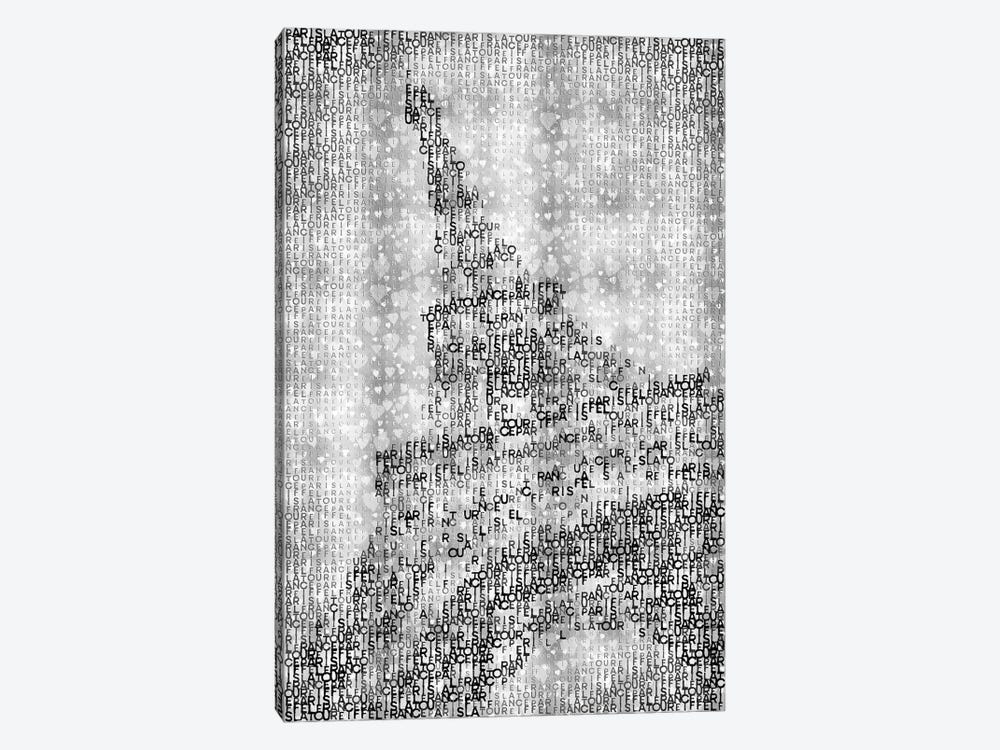 Typographic Paris Eiffel Tower And Hearts | Silver by Melanie Viola 1-piece Canvas Artwork
